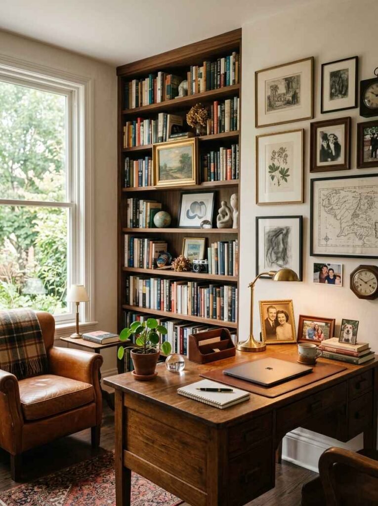 Detailed study desk setup featuring framed family photographs, vintage artwork gallery wall, leather-bound books, brass desk lamp, and potted pilea plant.