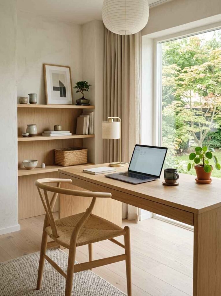 Minimalist Japandi home office with light wood desk, soft gray curved chair, potted olive plant, and warm neutral linen curtains