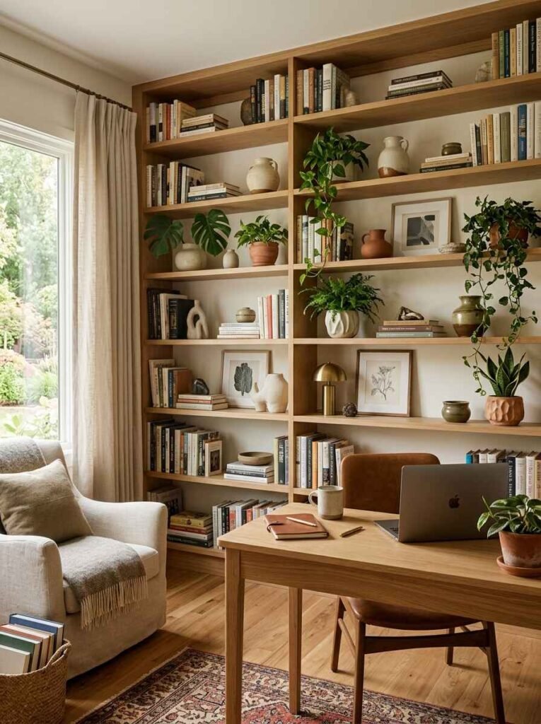Floor-to-ceiling wooden open shelving styled with organized books, ceramic vases, potted vining plants, and framed artwork next to a natural oak desk setup.