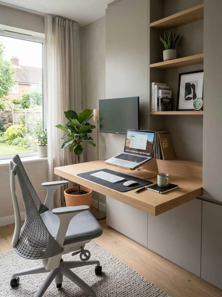 Modern organized home office desk with hidden cable management, minimalist laptop stand, and built-in wall storage.