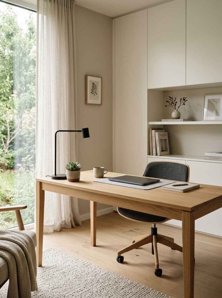 Minimalist minimalist home workspace featuring a sleek oak desk, grey swivel office chair, black slim task lamp, white built-in storage cabinets, and clean floor-to-ceiling windows.