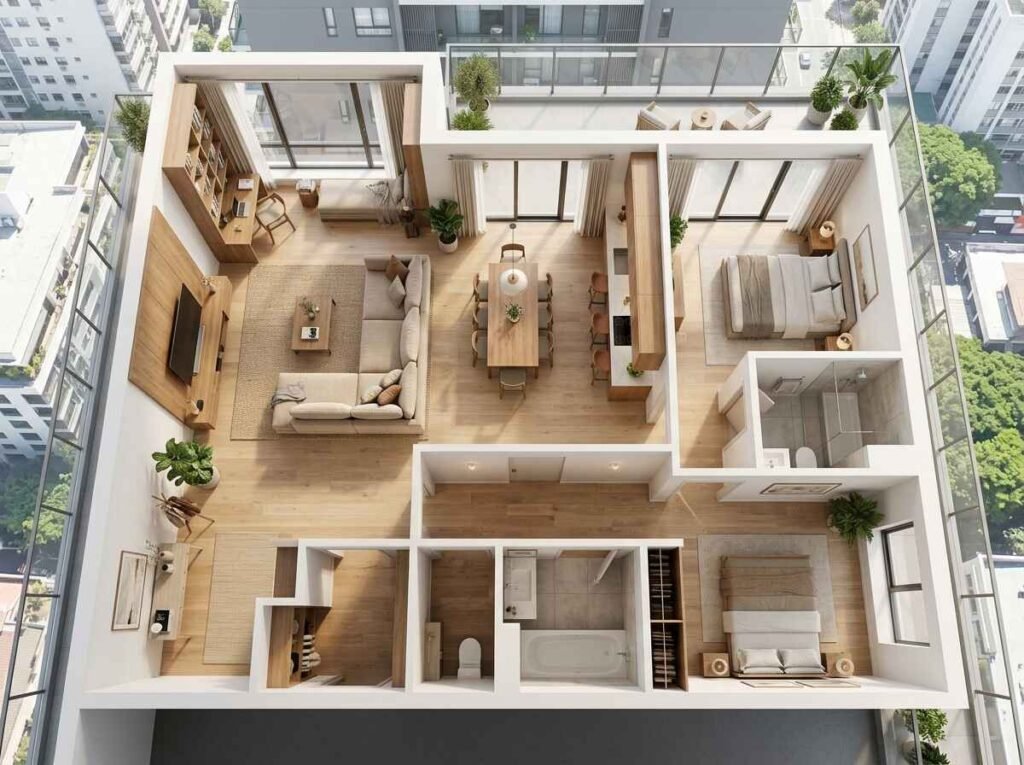 Aerial 3D layout view of an L-shaped corner apartment floor plan separating private bedrooms from an open central living and dining area.