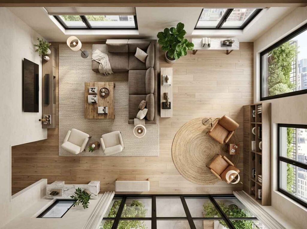 Top-down layout view of an L-shaped luxury living room divided into a main sectional TV area and a separate circular reading nook with leather armchairs.