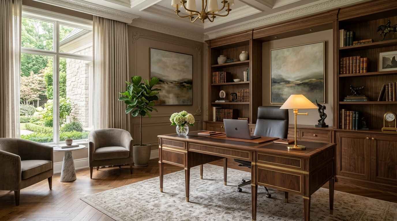 Modern luxury home office featuring a sleek dark wood executive desk set on a grey woven rug, flanked by floor-to-ceiling travertine wall tiles and a large window with city views.