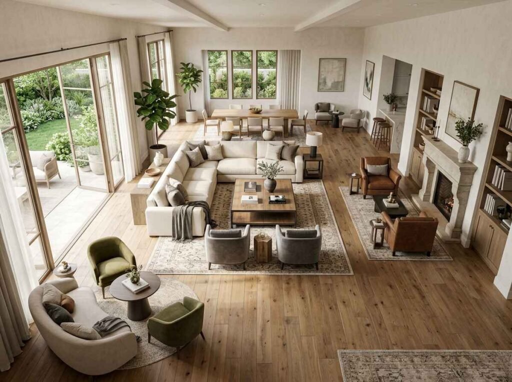 Overhead view of a large luxury living room layout featuring an L-shaped sectional, dual leather armchair fireplace seating zone, and adjacent dining room.