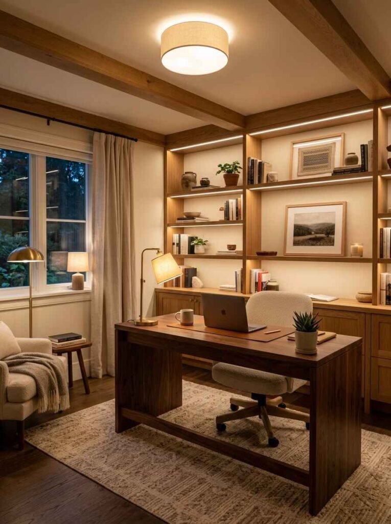 Cozy home office illuminated by warm ambient lighting, featuring built-in bookcase LED strip lights, a brass desk lamp, standing lamp, and ceiling drum light.