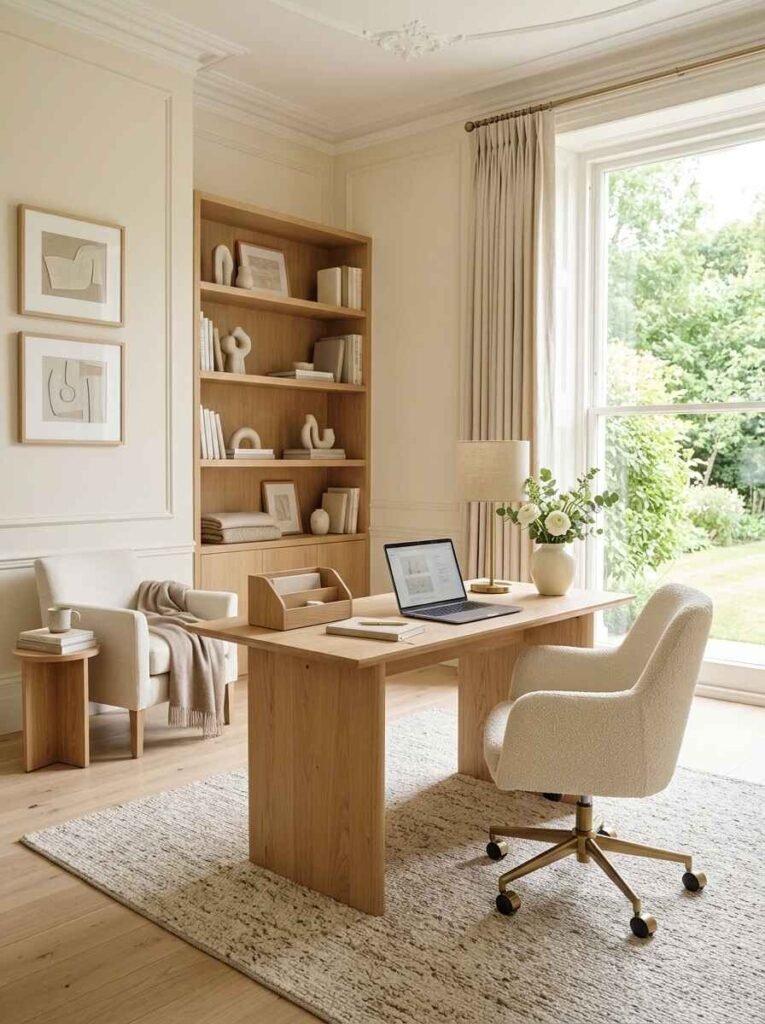 Bright light and neutral luxury home office featuring a light oak desk, cream bouclé swivel chair, light wood built-in bookshelves, and tall sunlit window with off-white drapes.