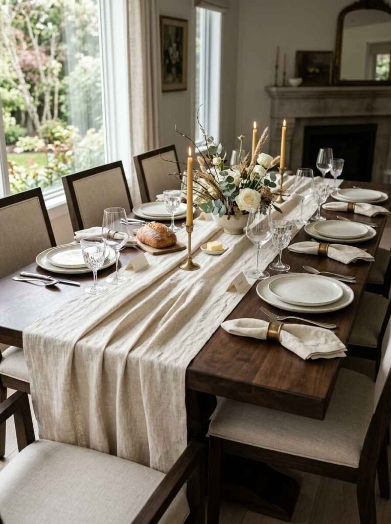 Neutral linen dining table runner draped over a wooden table setting