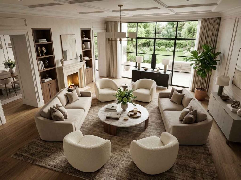 Symmetrical conversation-focused living room layout featuring two facing beige sofas, four rounded bouclé armchairs, and a central marble coffee table.