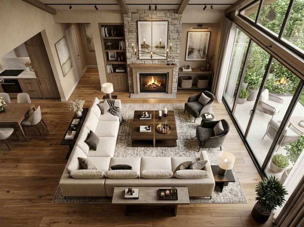 Overhead perspective of an elegant living room layout centered on a stacked-stone fireplace with a cream sectional sofa and dark accent armchairs.