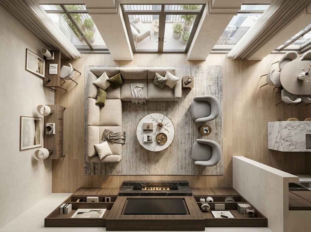 Top-down aerial perspective of a modern luxury living room layout with a concealed TV unit, modern linear fireplace, sectional sofa, and floor-to-ceiling windows.
