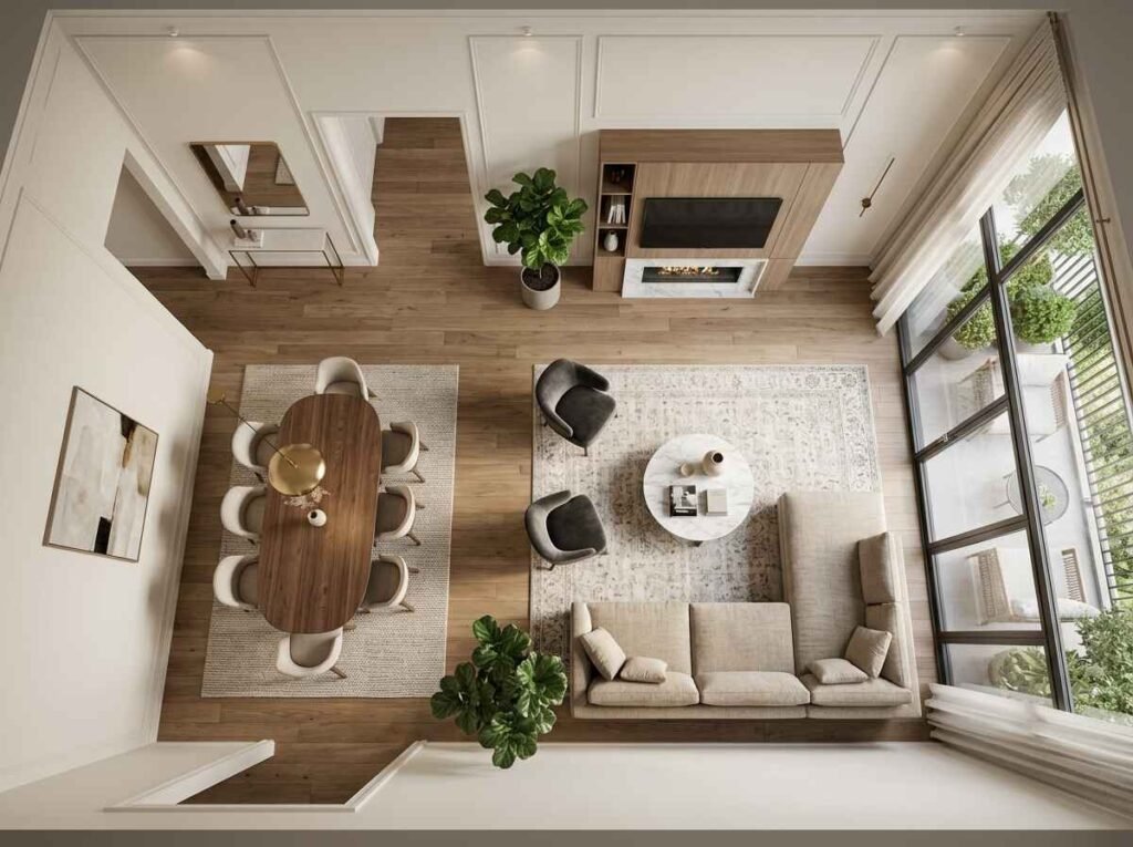 Direct overhead floor-plan perspective showing an elegant luxury living room and dining room layout connected by hardwood flooring and neutral area rugs.