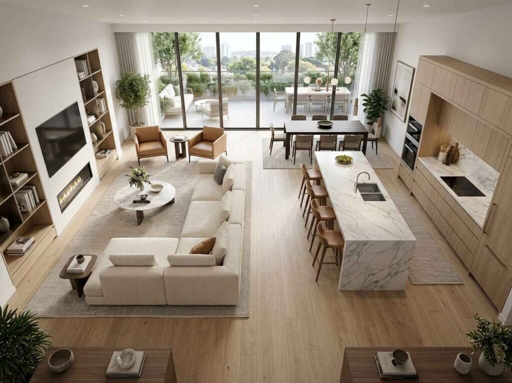 High-angle layout of an open-plan luxury living room directly connected to a marble island kitchen and dining area with floor-to-ceiling balcony windows.