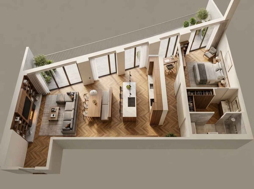Linear 3D floor plan visualization of a long and narrow apartment layout arranged with sequential kitchen, dining, and living zones.
