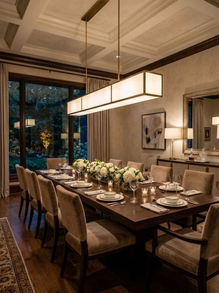 Linear brass island chandelier with frosted glass panels centered over a long 10-seater wooden dining table