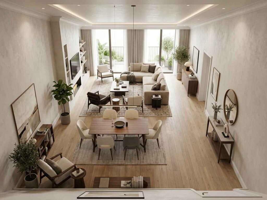 High-angle view of a long and narrow luxury living room layout arranged into linear functional zones including a dining table, main sofa seating, and balcony access.