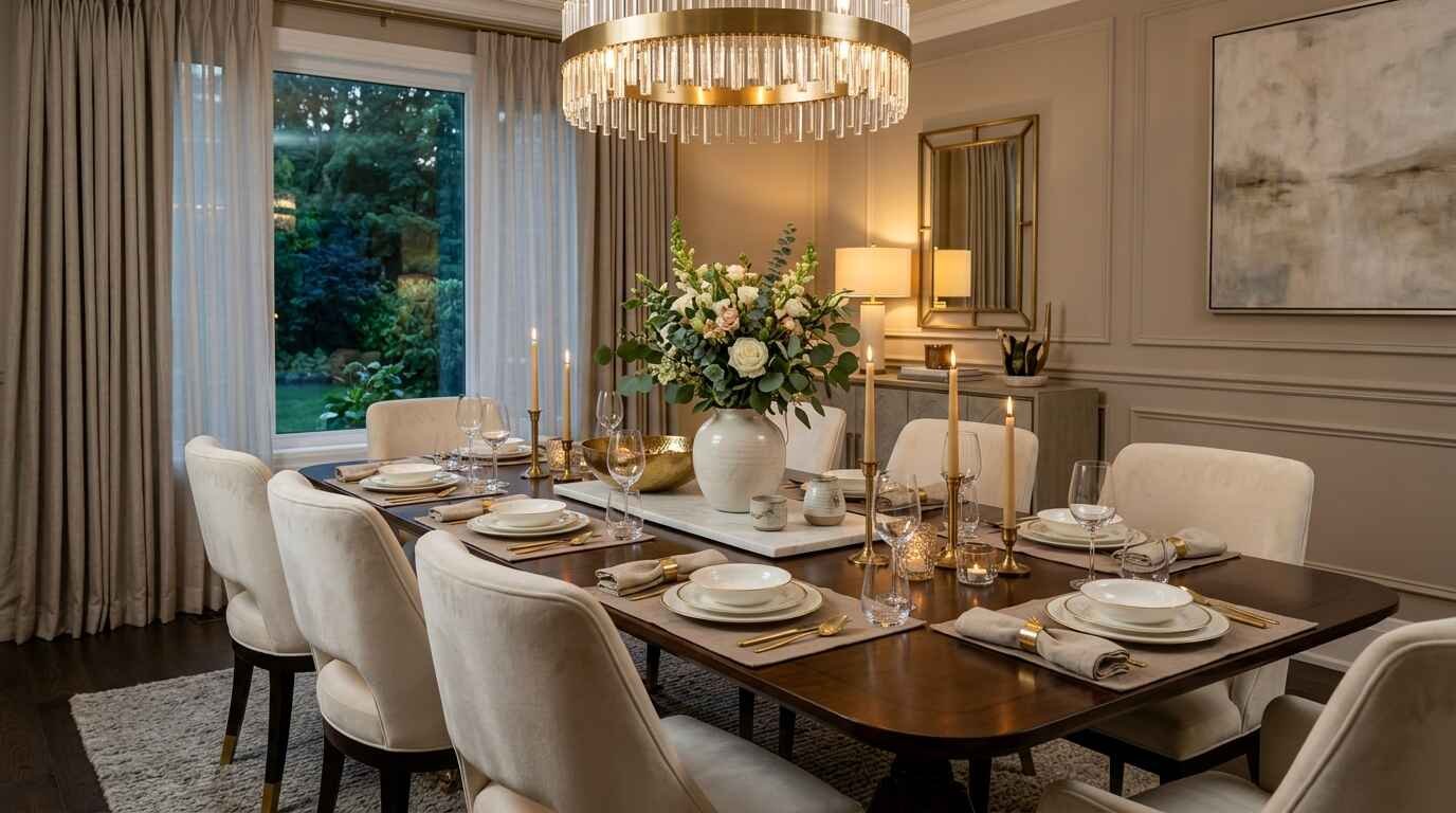 Luxury dining table centerpieces featuring a white ceramic vase with flowers and gold candle holders