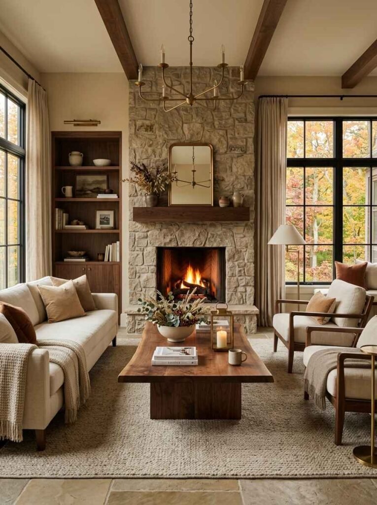 High-ceiling luxury fall living room with a stacked stone fireplace, live-edge wood coffee table, brass chandelier, beige armchairs, and floor-to-ceiling windows showing autumn foliage outside.