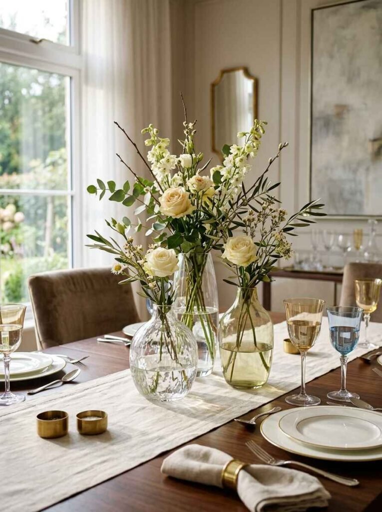 Luxury glass vase set with white roses and botanical stems on a dining runner