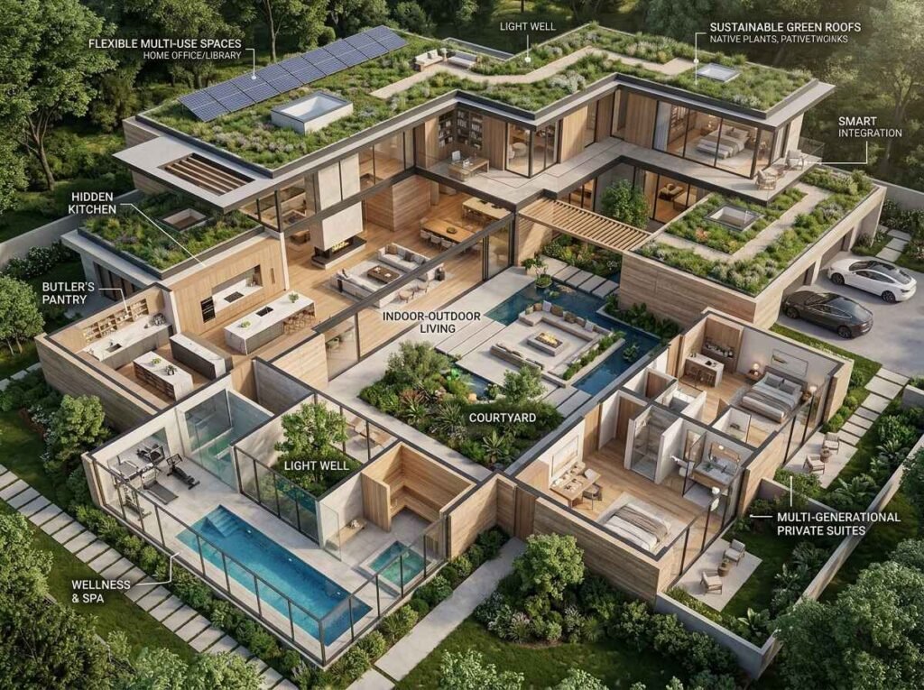 3D architectural cutaway section showcasing modern luxury home layout trends including a wellness spa, hidden butler's pantry, green roof, and multi-generational suite.