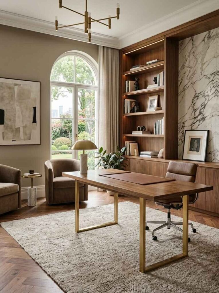 Luxury home office setup with rich walnut executive desk, camel leather swivel chair, illuminated open display shelves, and neutral area rug