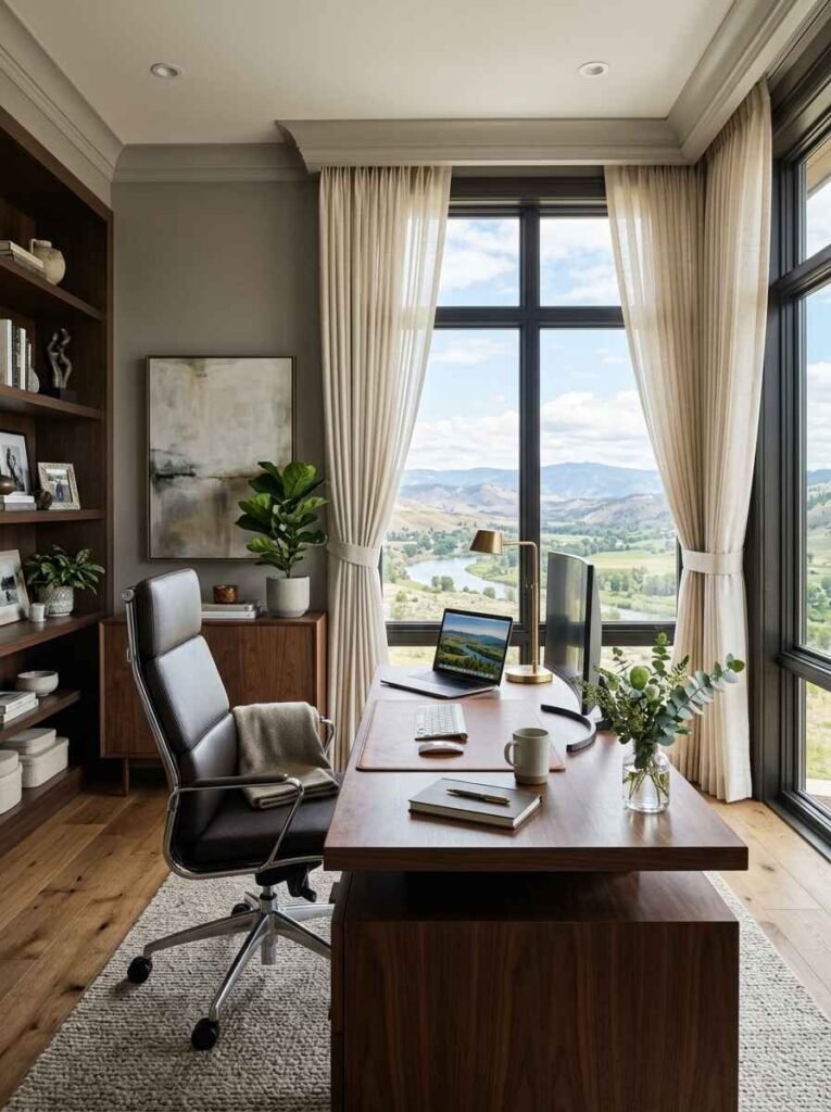 Modern luxury home office set by large corner floor-to-ceiling picture windows offering scenic mountain and river views, styled with a sleek dark wood executive desk and high-back leather chair.