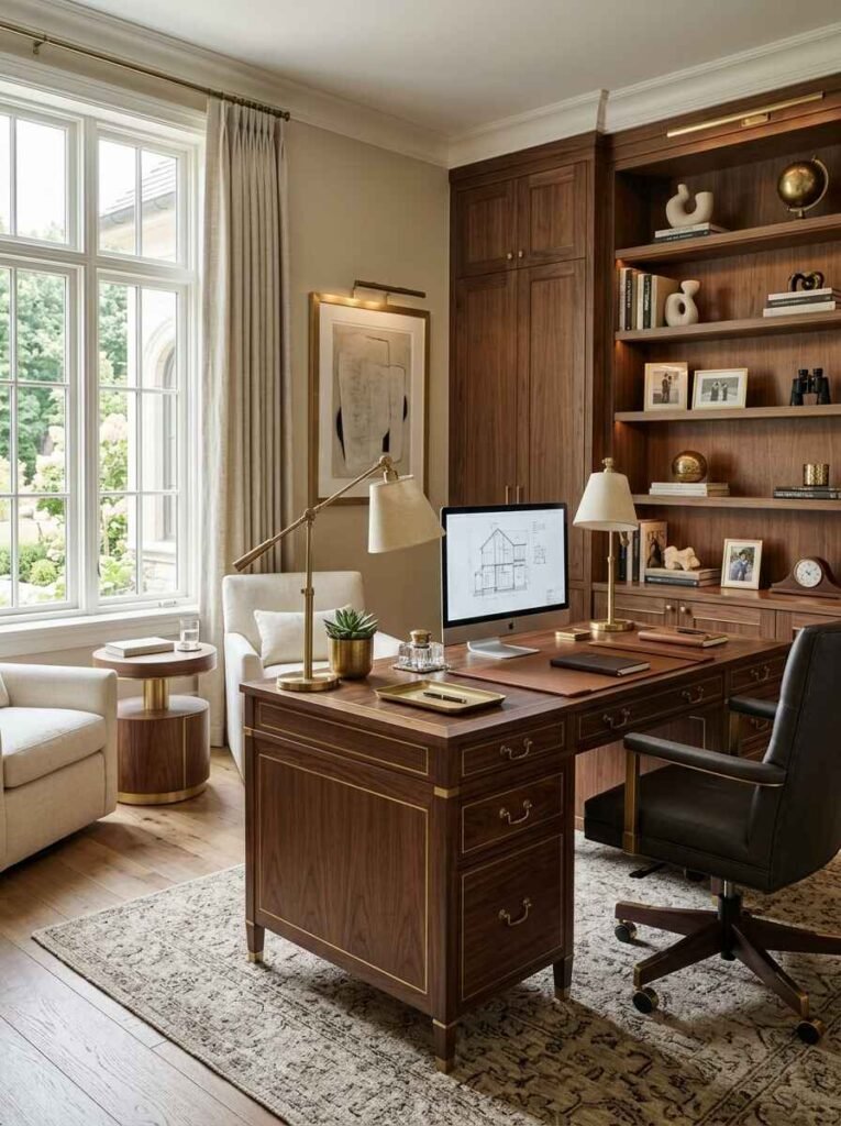 Luxury home office featuring custom dark walnut built-in cabinets with integrated accent lighting, a classic executive desk with antique brass inlay hardware, and neutral lounge chairs by the window.