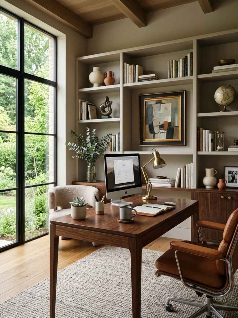 Warm home office featuring a solid walnut desk, cognac leather swivel chair, black-framed floor-to-ceiling windows overlooking a garden, and built-in shelving styled with books, ceramic vases, and framed artwork.