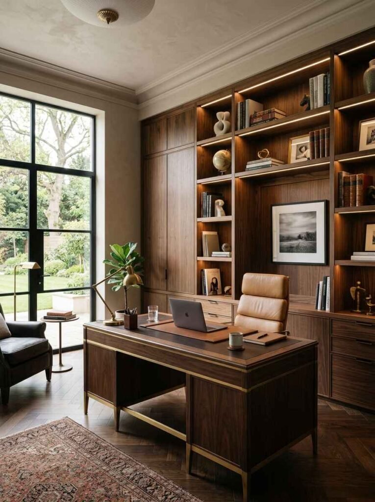 Executive home office setup with dark walnut built-in cabinets, warm integrated LED shelf lighting, a classic brass-trimmed desk, leather chair, and dark wood herringbone flooring.