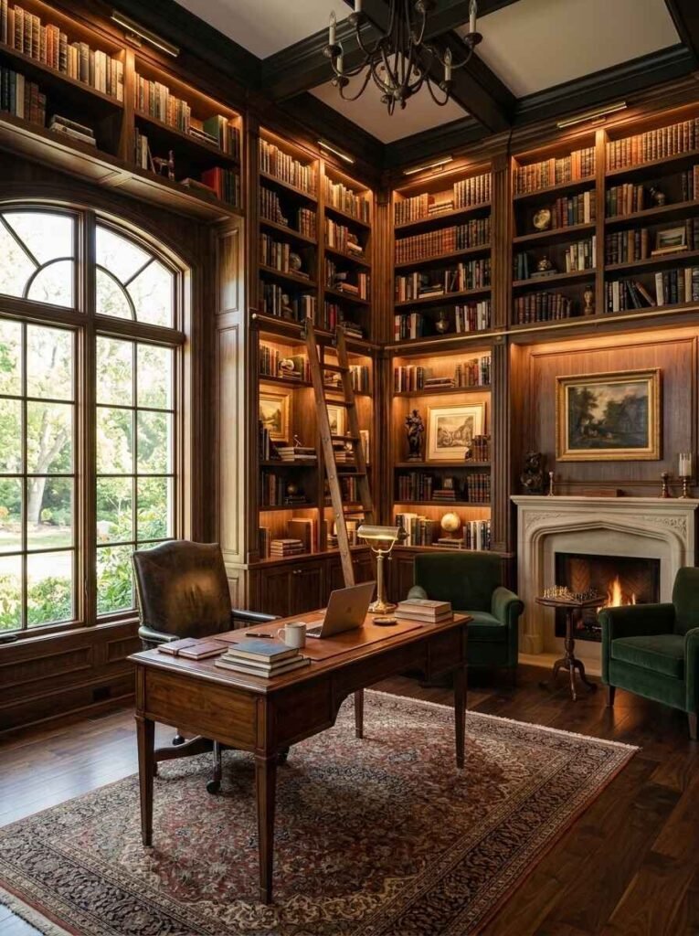 Classic luxury home library office featuring floor-to-ceiling dark wood bookcases with a rolling wooden ladder, stone fireplace with a lit fire, vintage rug, and deep green velvet armchairs.