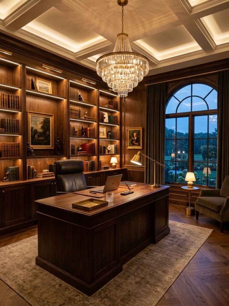 Opulent dark walnut home office with layered lighting, featuring a sparkling crystal chandelier, coffered ceiling with cove lighting, LED-lit display shelves, and a large arched window at dusk.