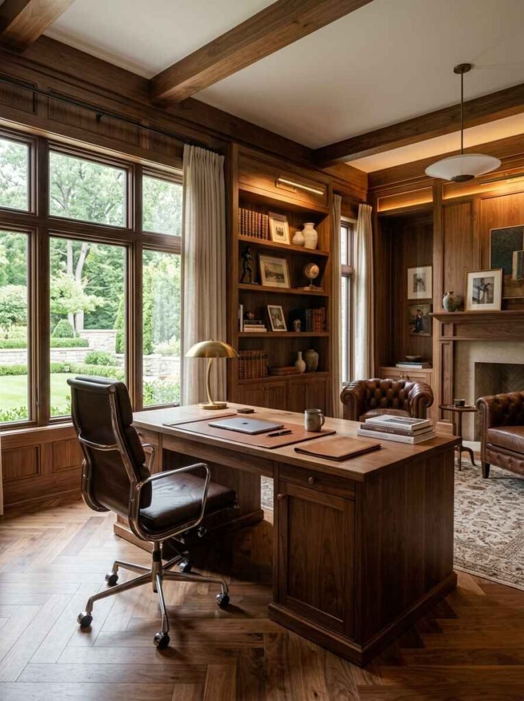 Natural wood luxury home office with exposed ceiling beams, rich walnut wall paneling, built-in bookcases, a classic executive desk, and a cozy seating nook with brown leather armchairs near a fireplace.