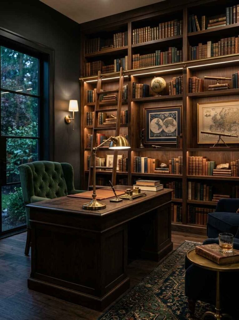 Dark moody luxury home office with floor-to-ceiling dark wood library bookshelves, rolling ladder, brass desk lamp, and deep green velvet armchair in a warm vintage atmosphere.