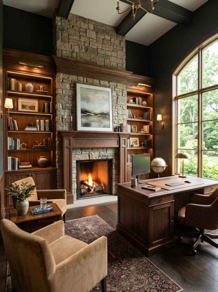 Luxury home office featuring a floor-to-ceiling stone fireplace with burning fire, custom dark walnut built-in bookcases with integrated warm lighting, and a solid wood executive desk.
