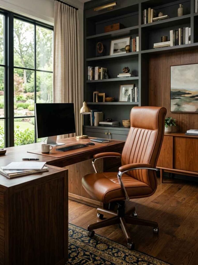 Luxury home office setup focused on an ergonomic cognac brown leather executive chair, dark grey custom wall cabinetry, walnut desk, and natural light from tall windows.