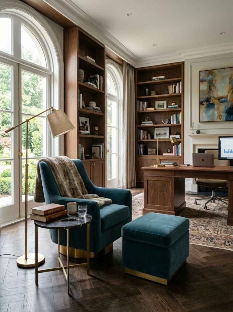Luxury home office lounge area featuring a deep teal velvet swivel armchair with matching ottoman, brass floor lamp, dark wood floor, and custom walnut built-in shelving.