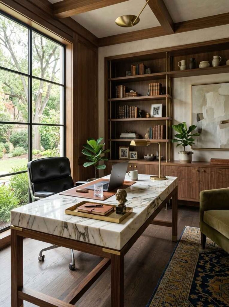 Organic modern luxury home office design centered around a white calacatta marble desk with dark wood frame, brass desk accents, and open wood wall shelving with books and ceramics.