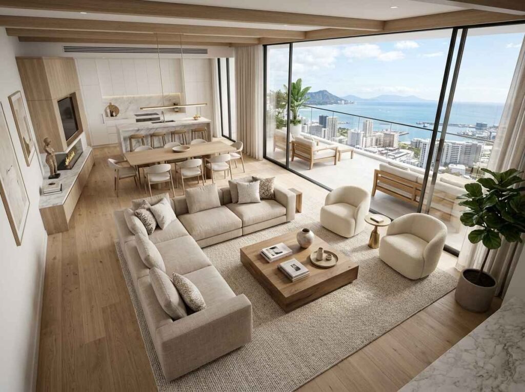Bright luxury living room layout oriented toward expansive oceanfront floor-to-ceiling windows, featuring a neutral sectional and low coffee table.
