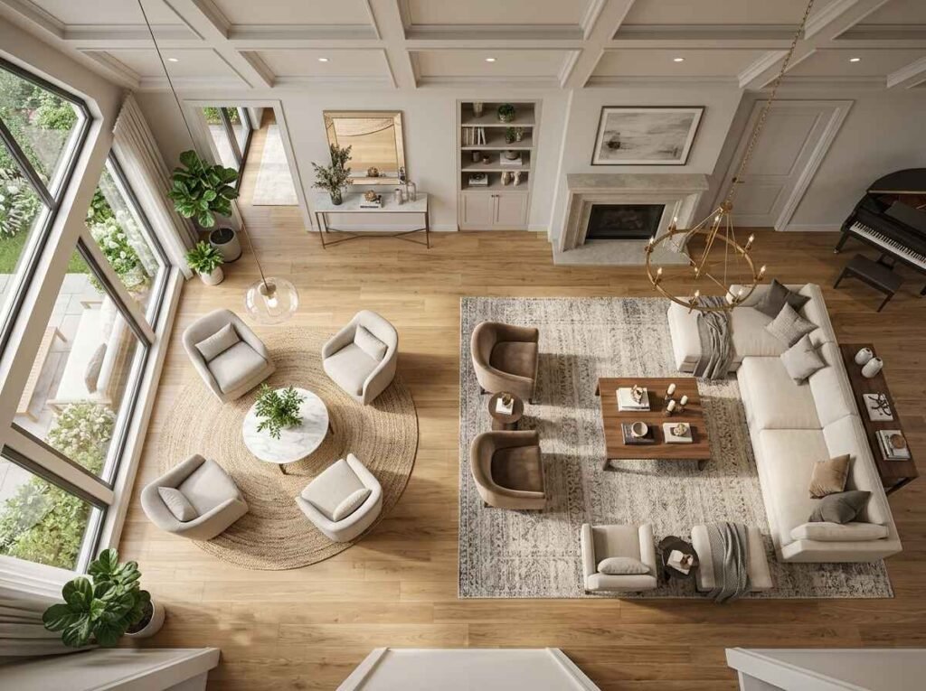 Expansive luxury living room layout showcasing two distinct seating areas: a formal sectional fireplace zone and a casual circular conversation nook.