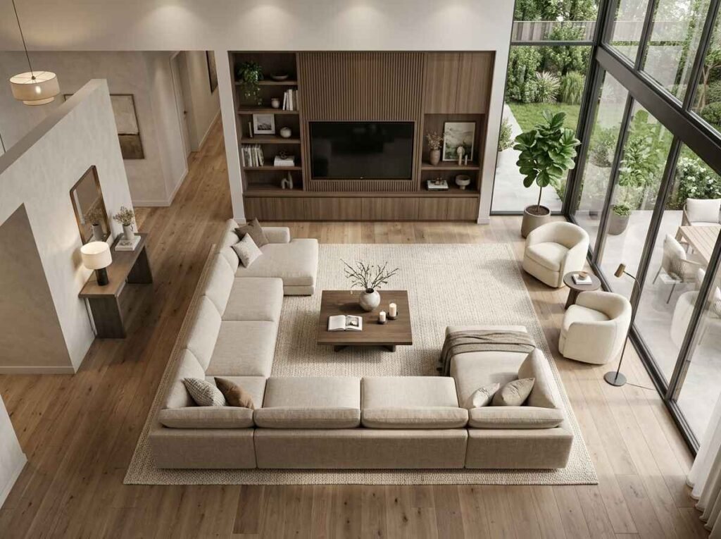 Top-down perspective of a large cream sectional sofa anchoring a modern luxury living room layout facing a slatted wood media wall.