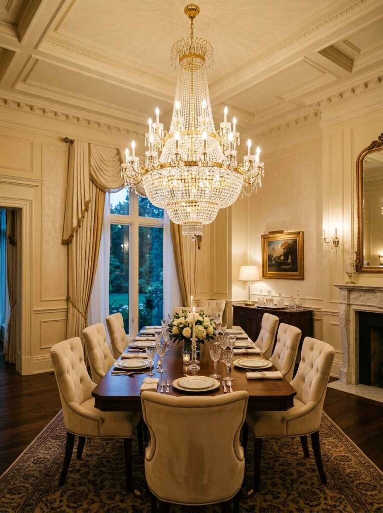 Grand multi-tiered traditional crystal chandelier creating a luxurious focal point in a formal dining room