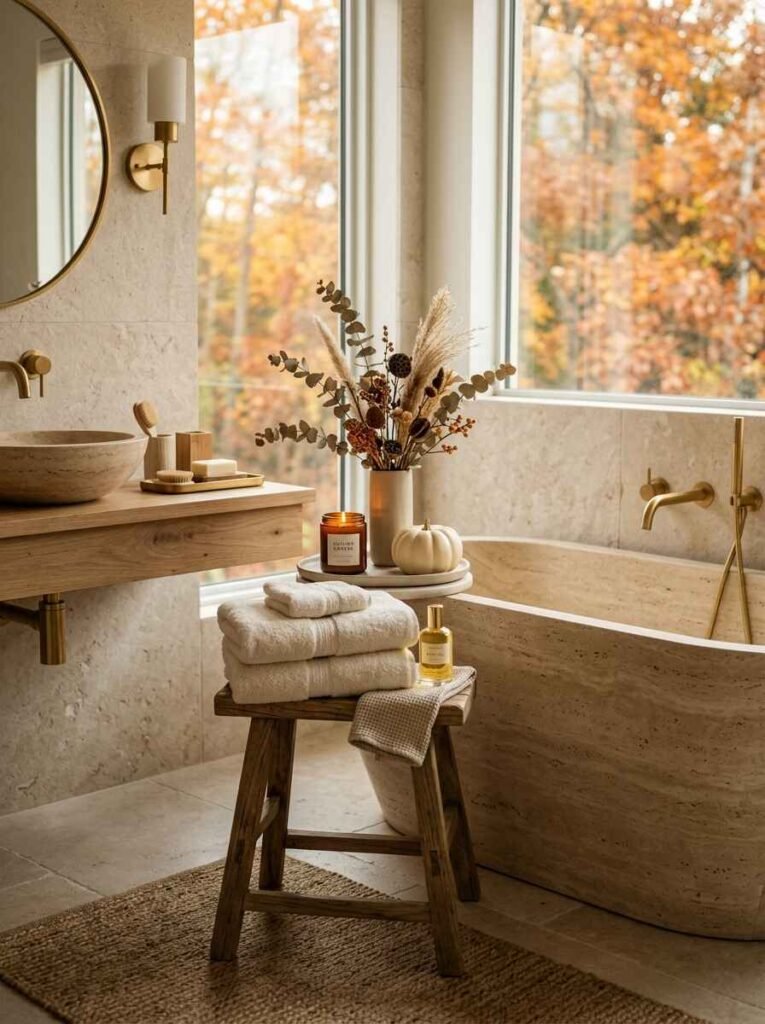 Luxury travertine soaking tub next to large floor-to-ceiling windows with autumn views, styled with plush white towels and subtle dried botanicals.