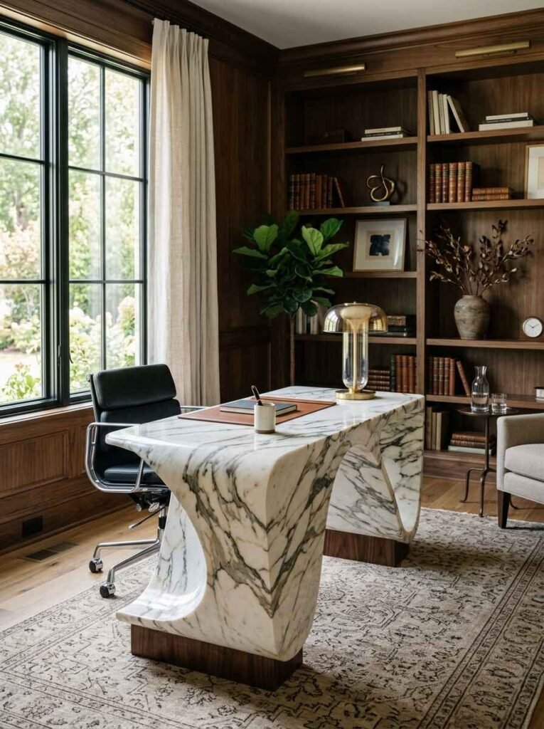 Sophisticated home office centered around a sculpted white marble executive desk paired with dark walnut wall panelling and built-in bookshelves.
