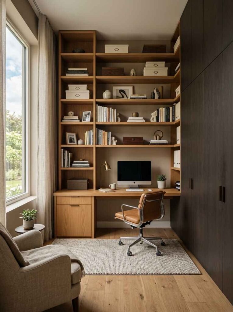 Small home office nook featuring floor-to-ceiling vertical wooden bookshelves and built-in side wardrobe storage.
