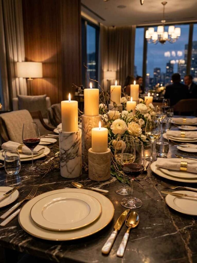 Veined marble candle holders with lit pillar candles for luxury dining room decor
