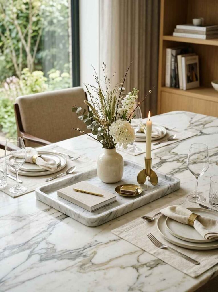 White marble decorative tray with small vase and candle on a dining table