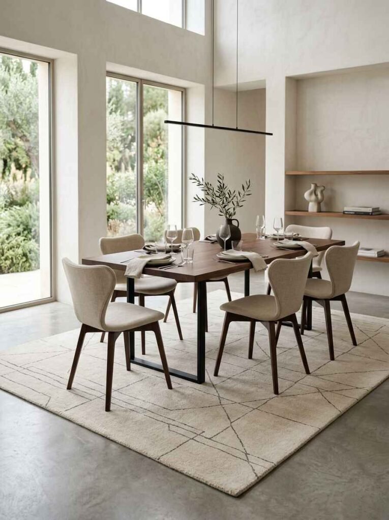 Minimalist cream dining room rug with subtle geometric line detail