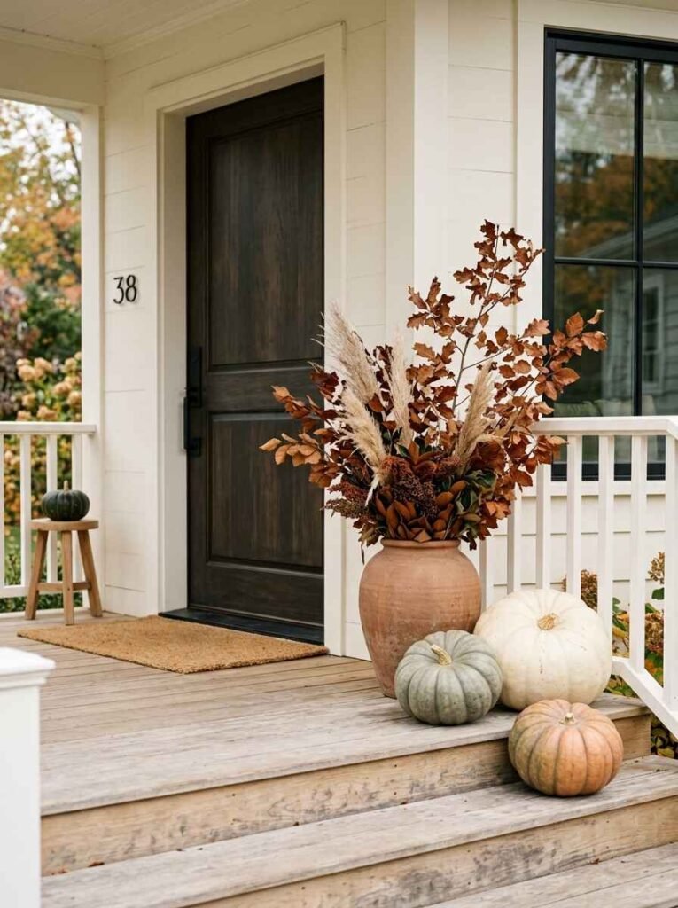 Minimalist autumn front porch featuring a large terracotta vase with dried branches and three heirloom pumpkins beside a dark door.