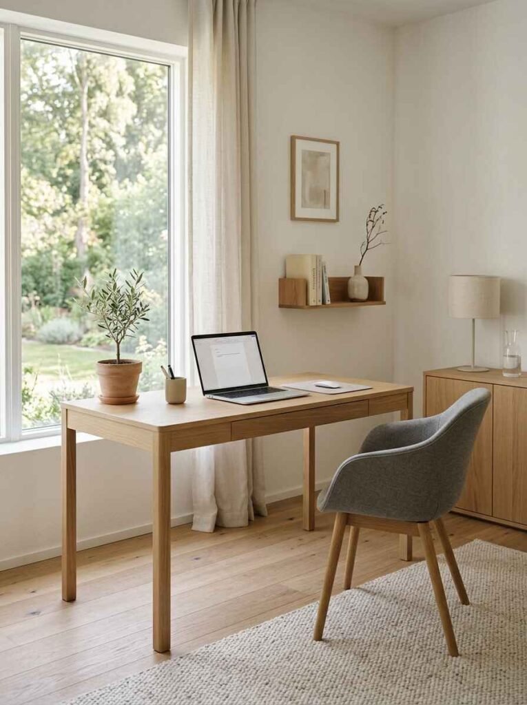 Minimalist Scandinavian home office with light oak wood desk, soft gray upholstered chair, clean white walls, and a potted olive plant by the window