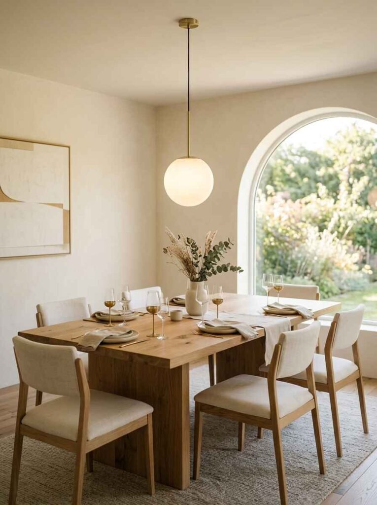 Minimalist white frosted glass sphere pendant light suspended over a light oak wood dining table setup